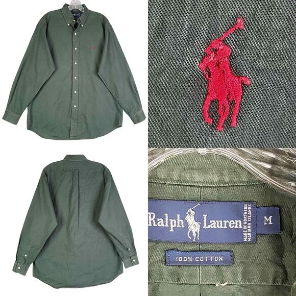 Polo Ralph Lauren Shirt Oxford Button Down Size Medium Solid Hunter Green LS - Picture 1 of 9